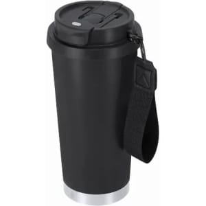 A drink bottle in black and silver with a lid and strap, featuring a logo on the side.