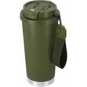 A drink bottle in olive green with a silver base and a lid featuring a handle strap. It has a logo.