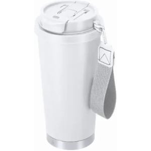 A drink bottle in white with a grey strap and a metallic base, featuring a lid with a design. It has a logo.