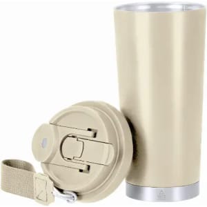 A drink bottle in beige with a silver bottom, featuring a lid and strap. It has a logo on the side.
