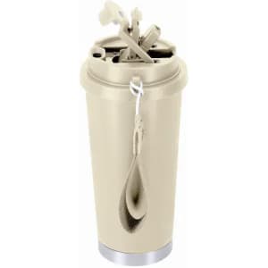 A drink bottle in a beige hue with a silver base and a unique opening mechanism. It features a loop for easy carrying.