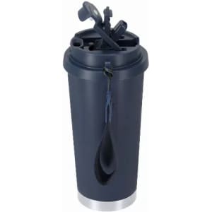 A drink bottle in dark navy with a silver base, featuring a removable lid and built-in straw.