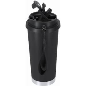 A drink bottle in black with a silver base, featuring a unique lid design and a carrying strap.