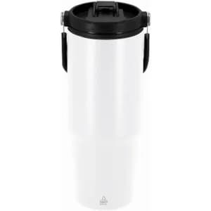 A drink bottle in white and black with a secure lid and carry handle. It features a logo on the body.