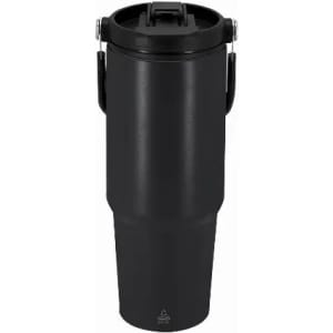 A drink bottle in matte black with a secure lid and a sturdy handle for easy carrying. It features a logo on the side.