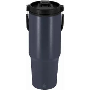 A drink bottle in dark navy with a black lid and handle, featuring a logo on the front.