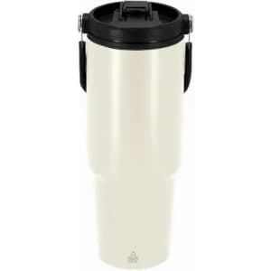 A drink bottle in cream with a black lid and handle, featuring a sleek, modern design and a logo.
