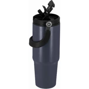 A drink bottle in dark blue with a black lid and handle, featuring a locking mechanism on top.
