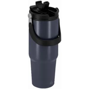 A drink bottle in dark blue with a black lid and handle, featuring a logo on its surface.