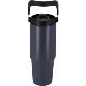 A drink bottle in navy blue with a black lid and sturdy handle, featuring a logo on the front.