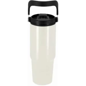 A drink bottle in a white colour with a black lid and handle, featuring a logo.