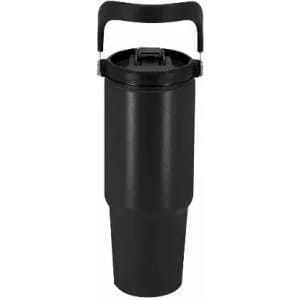 A drink bottle in black, featuring a handle and a secure lid. It has a sleek, cylindrical design and a logo.