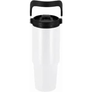 A drink bottle in white with a black lid and handle, featuring a logo on the body.