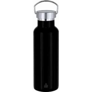 A drink bottle in black with a silver lid and metal handle, featuring a logo on the side.