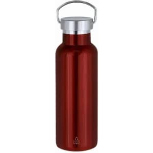 A drink bottle in a shiny red finish with a silver lid and a metal handle. Features a logo on the front.