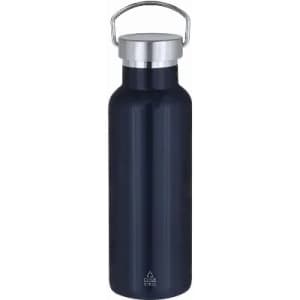 A drink bottle in navy blue with a stainless steel lid and metal handle, featuring a logo.