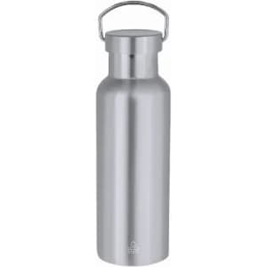 A silver drink bottle with a metal handle and a sleek, minimalist design. It features a logo on the base.
