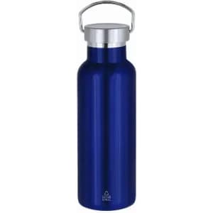 A drink bottle in deep blue with a silver cap and a metal handle, featuring a logo on the body.