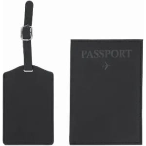 A black passport holder and luggage tag set, made of leather, featuring a sleek design and a silver accent.