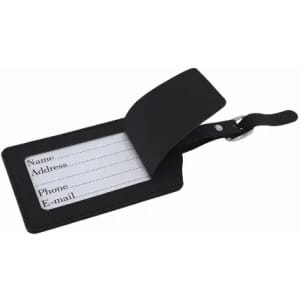 A black luggage tag with a flap, featuring a clear identification panel for name and contact details.