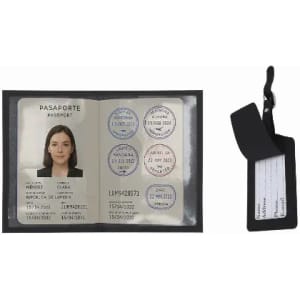 A passport displayed in a black holder, featuring personal details and multiple entry stamps.