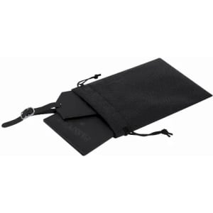 A black drawstring pouch containing two black tags, with a strap and logo visible on the pouch.