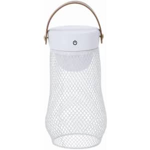 A lantern with a white mesh design and a white top, featuring a handle and a power button.