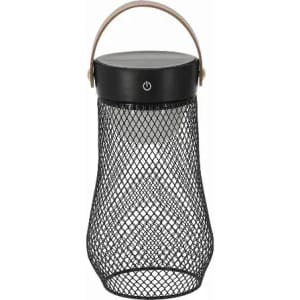A drink bottle with a black mesh design and a wooden handle, featuring a power button on the top.