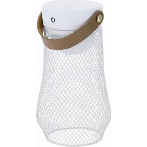 A drink bottle with a white top and a mesh netting body, featuring a brown strap and branding.