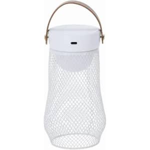 A lantern with a white mesh body and a solid white top, featuring a brown handle. It has a brand logo on it.