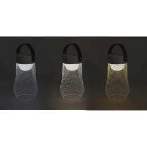A lantern with a wire mesh design, featuring three colour options: white, warm white, and soft yellow light.