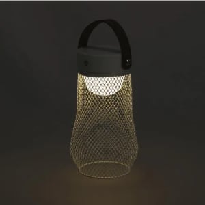 A lantern with a mesh wire design, featuring a circular light at the top and a black handle.