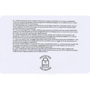 A white RFID card with a protective symbol, containing text in multiple languages regarding its usage and security features.
