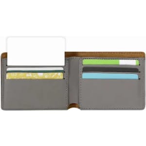 A grey wallet featuring multiple card slots, displaying several cards in varying colours. It has a simple, sleek design.