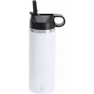 A drink bottle in white with a black lid and a straw, featuring a handle and a logo.