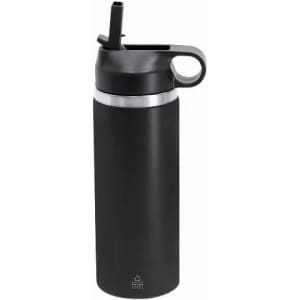 A drink bottle in matte black with a silver band, featuring a spout top and handle for easy carrying.