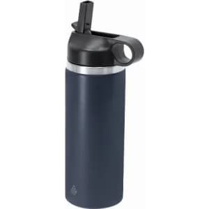 A drink bottle in dark navy blue with a black spout and handle, featuring a logo on the side.