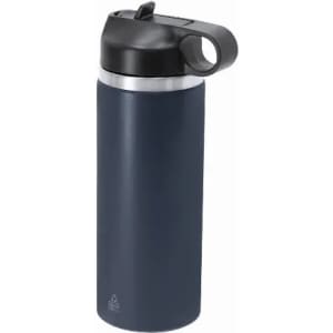 A drink bottle in navy blue with a black lid and built-in carrying handle. It features a logo on the side.