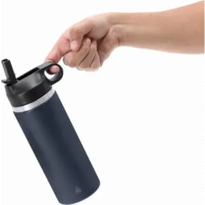 A drink bottle in navy blue with a black lid and a straw, held by a hand. Features a logo on the bottle.
