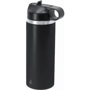 A drink bottle in matte black with a silver band and a flip-top lid, featuring a logo.
