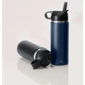 A drink bottle in navy blue and black with a lid and spout for easy drinking. Features branding on the side.