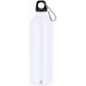 A drink bottle in white with a black lid and a metal carabiner attached. It features a logo on the body.