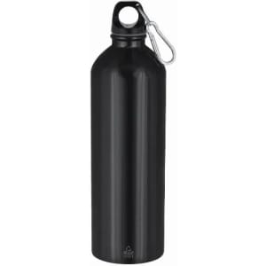 A drink bottle in a sleek black finish, featuring a carabiner clip and a minimalist design.