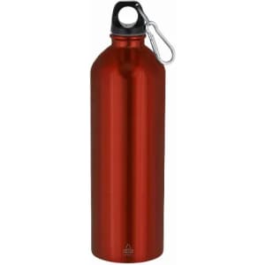 A drink bottle featuring a shiny red finish, with a black lid and a metal carabiner clip.