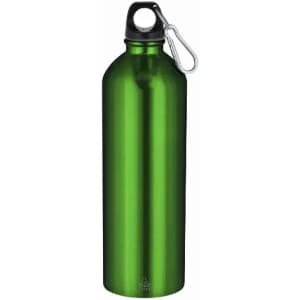 A drink bottle in bright green with a black lid and a carabiner clip. It features a sleek, reflective surface.