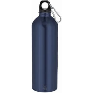 A drink bottle in navy blue with a black top and a metal carabiner attachment, featuring a logo.