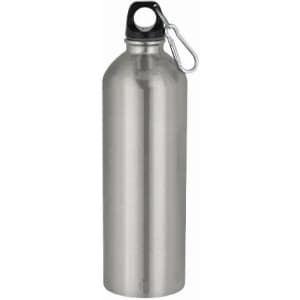 A drink bottle made of stainless steel with a black cap and a metal clip, featuring a logo.