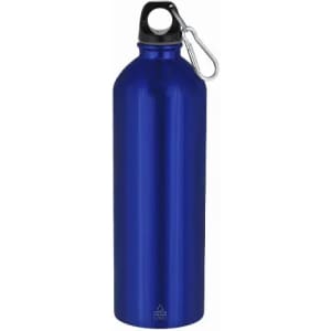 A drink bottle in a glossy blue finish, featuring a black cap and a silver carabiner attachment.