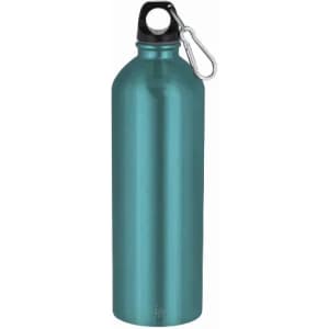 A drink bottle in a teal colour, made of metal with a black top and a carabiner clip.
