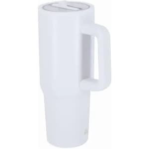 A drink bottle in white with a large handle and a lid featuring a drinking spout.